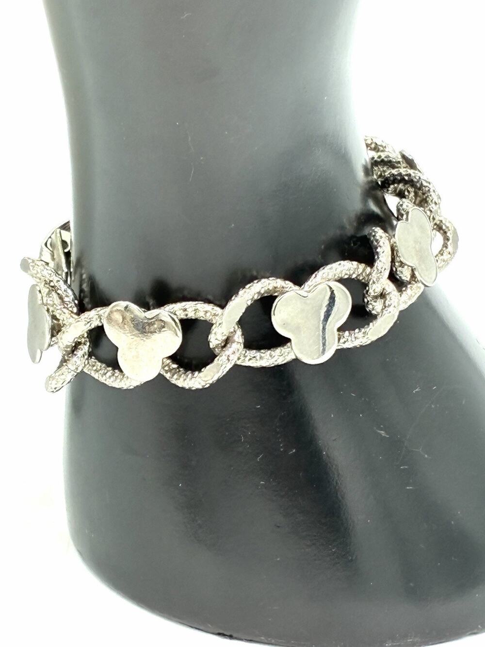 Vintage Silvertone Textured Rope Link Bracelet Quatrefoil Clover Stations